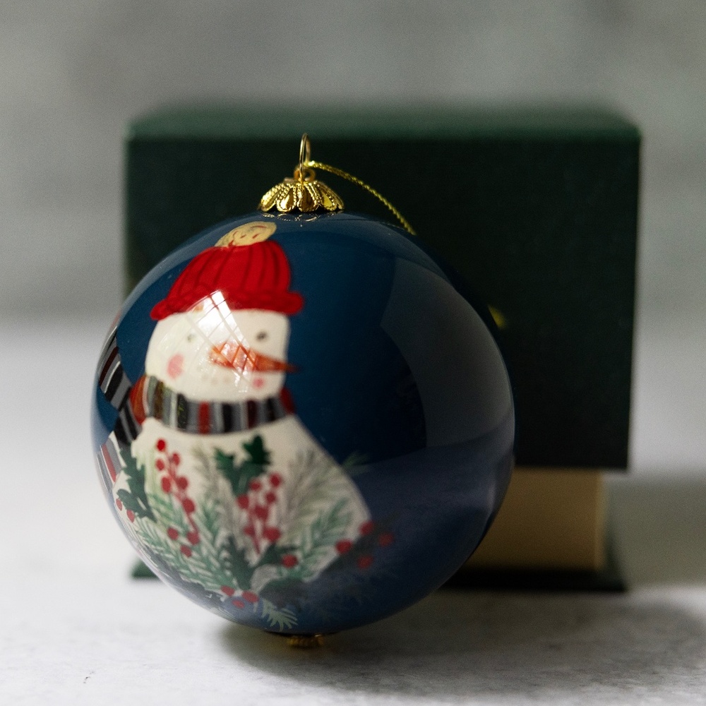 Pier 1 LI BIEN Painted Glass Christmas Ornament SNOWMAN Happy Holidays 2019 Box